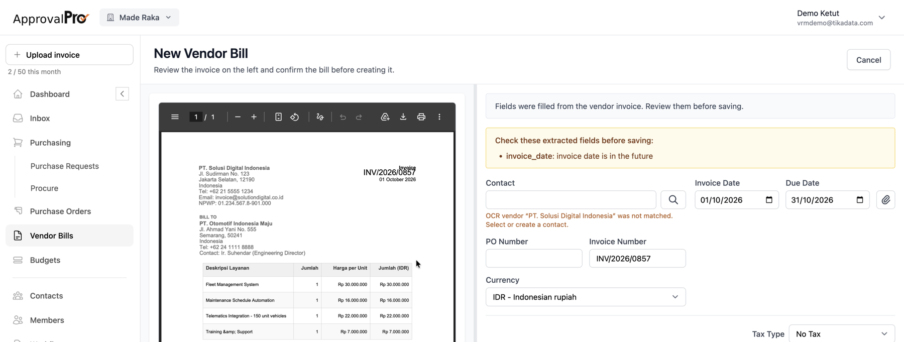 ApprovalPro extracting vendor, invoice number, dates, and amount from an uploaded bill