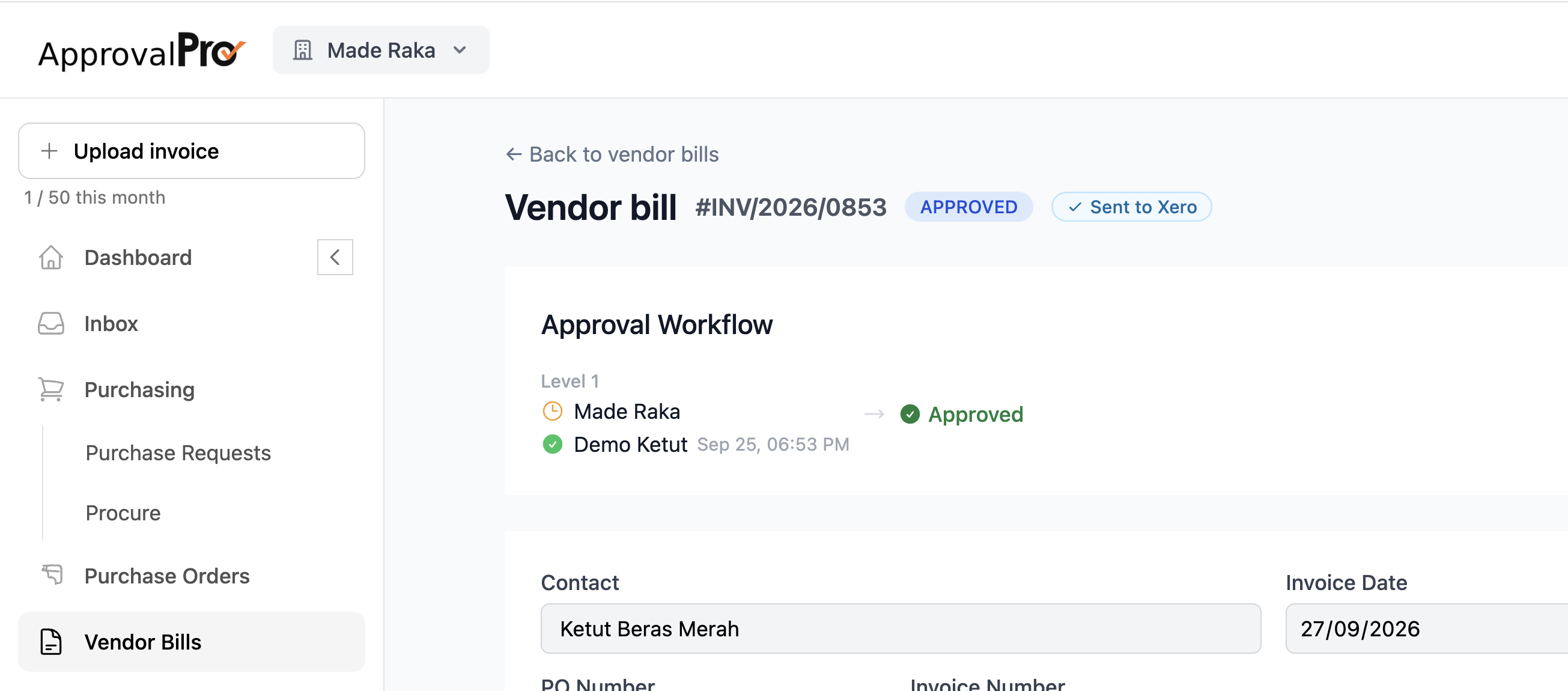 ApprovalPro vendor bill approval workflow showing multi-level approval status